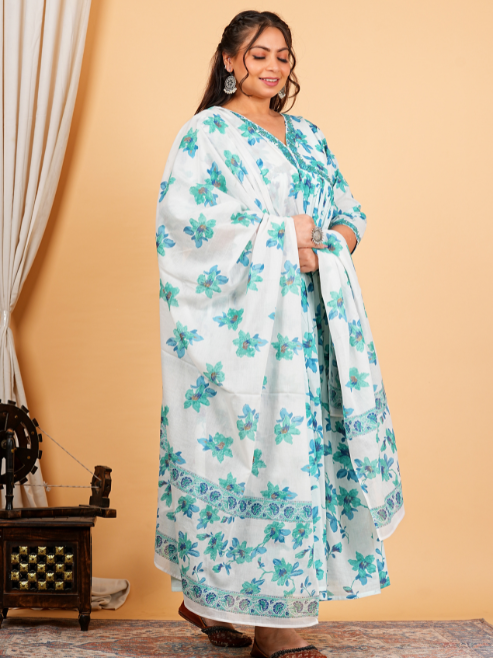 Cotton Floral Printed 3/4th Sleeve V-neck Embroidered Work Anarkali Kurta With Dupatta