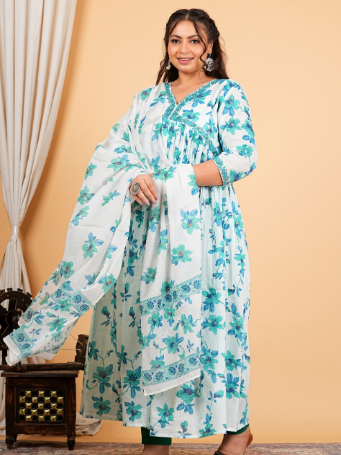 Cotton Floral Printed 3/4th Sleeve V-neck Embroidered Work Anarkali Kurta With Dupatta