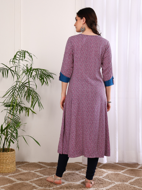 Rayon Printed 3/4th Sleeve Regular Fit Round Neck A-Line Kurta