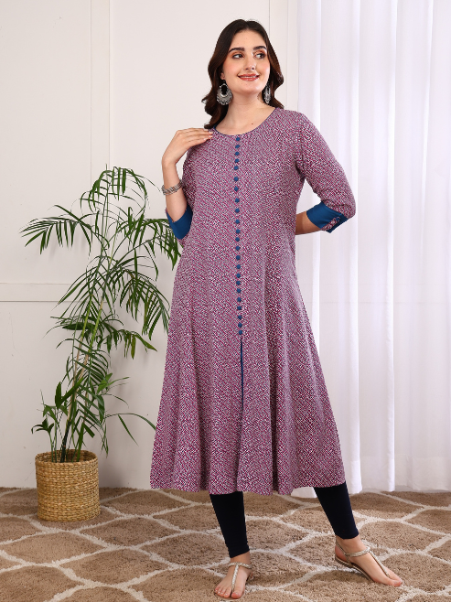 Rayon Printed 3/4th Sleeve Regular Fit Round Neck A-Line Kurta