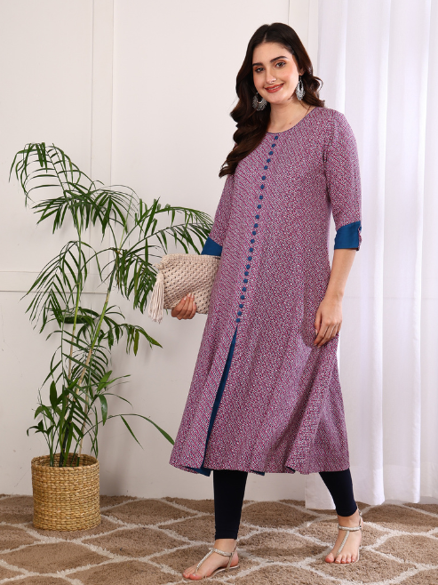 Rayon Printed 3/4th Sleeve Regular Fit Round Neck A-Line Kurta