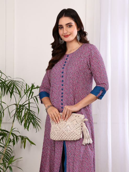 Rayon Printed 3/4th Sleeve Regular Fit Round Neck A-Line Kurta