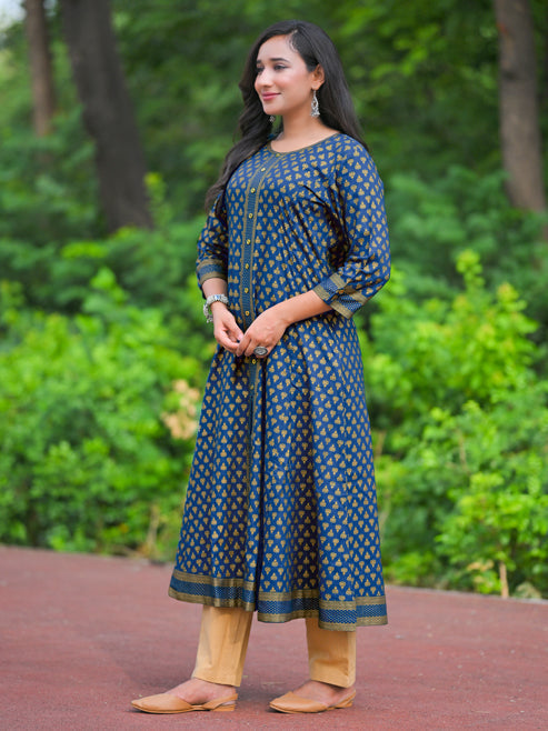 Fashion Plus Store Women's Rayon Golden Floral Printed A-line Kurta