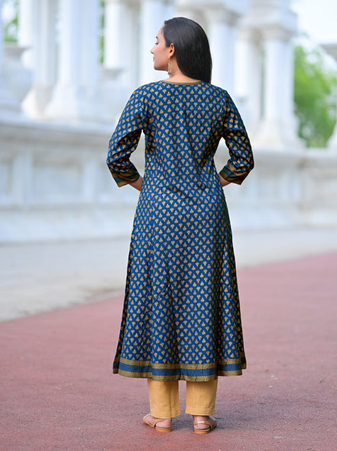 Fashion Plus Store Women's Rayon Golden Floral Printed A-line Kurta