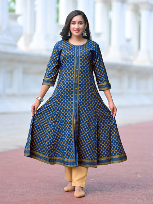 Fashion Plus Store Women's Rayon Golden Floral Printed A-line Kurta