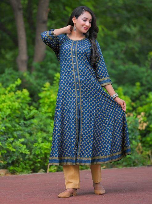 Fashion Plus Store Women's Rayon Golden Floral Printed A-line Kurta