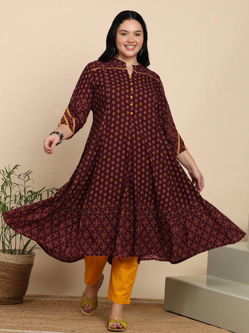 Fashion Plus Store Women's Rayon Mandarin Collar Calf Length Floral Printed 3/4th Sleeve Anarkali Kurta