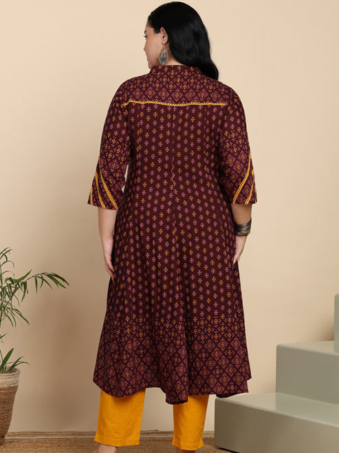 Fashion Plus Store Women's Rayon Mandarin Collar Calf Length Floral Printed 3/4th Sleeve Anarkali Kurta