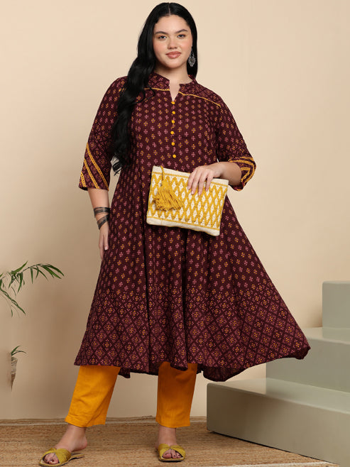 Fashion Plus Store Women's Rayon Mandarin Collar Calf Length Floral Printed 3/4th Sleeve Anarkali Kurta