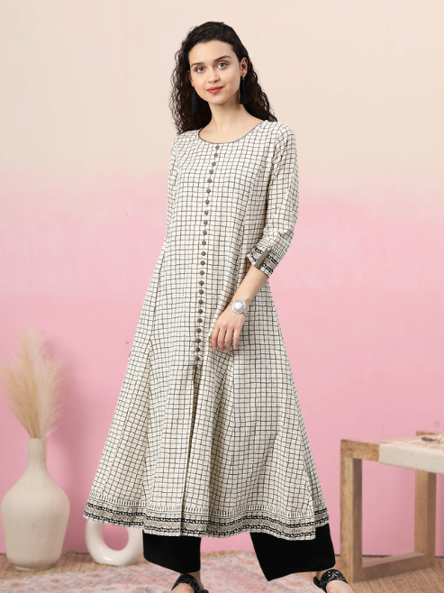 Checkered Frontslit Kurta (White)