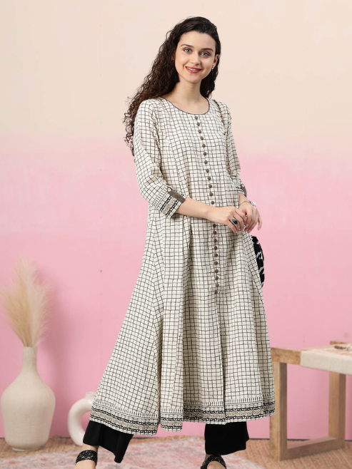 Checkered Frontslit Kurta (White)