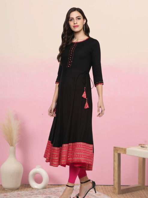 Printed Flared Kurta (Black, Pink)