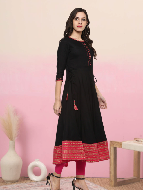 Printed Flared Kurta (Black, Pink)