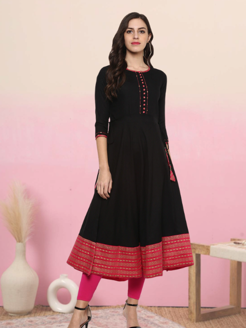 Printed Flared Kurta (Black, Pink)