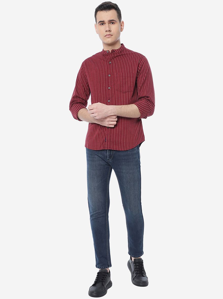 Red Striped Slim Fit Semi Casual Shirt | Pehervi