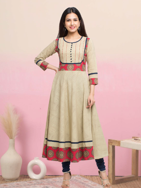 Printed Anarkali Kurta (Beige)