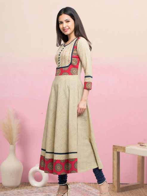 Printed Anarkali Kurta (Beige)