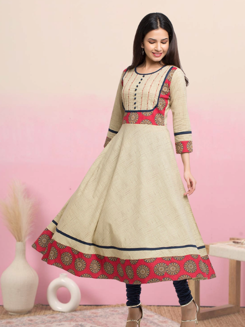 Printed Anarkali Kurta (Beige)