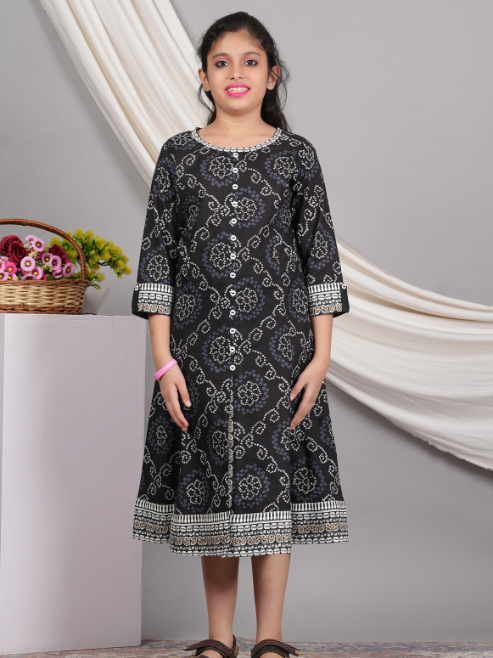 Fashion Plus Store Kids Cotton Bandhej Print Anarkali Dress (Black)