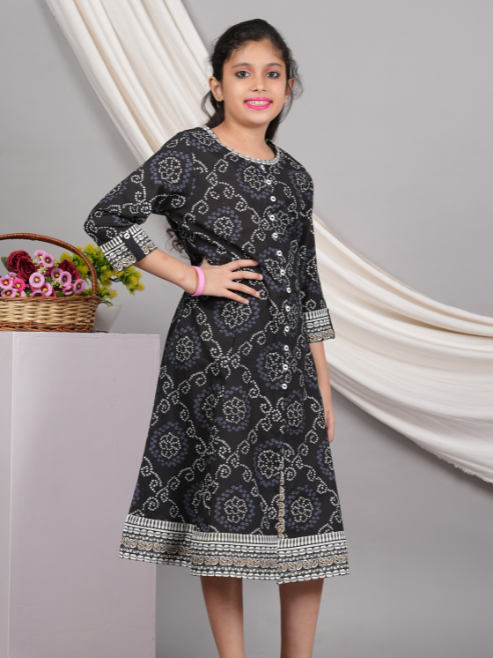 Fashion Plus Store Kids Cotton Bandhej Print Anarkali Dress (Black)