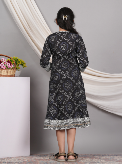 Fashion Plus Store Kids Cotton Bandhej Print Anarkali Dress (Black)