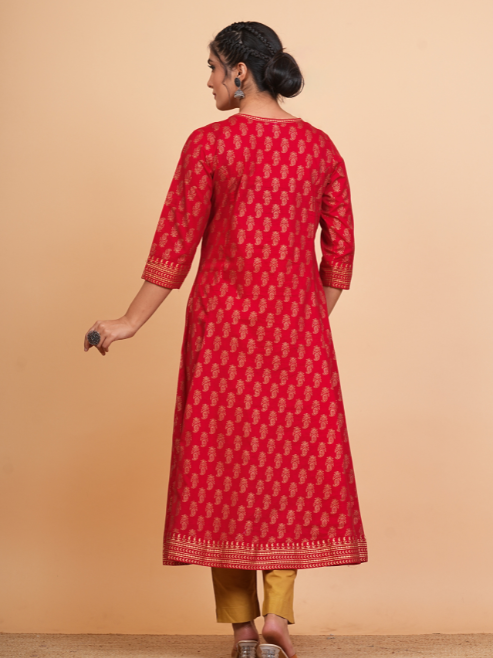 Fashion Plus Store Women's Cotton Calf Length 3/4th Sleeve Round Neck Floral Printed Anarkali Kurta with Dupatta