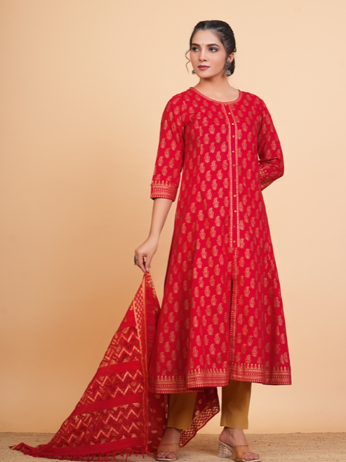 Fashion Plus Store Women's Cotton Calf Length 3/4th Sleeve Round Neck Floral Printed Anarkali Kurta with Dupatta