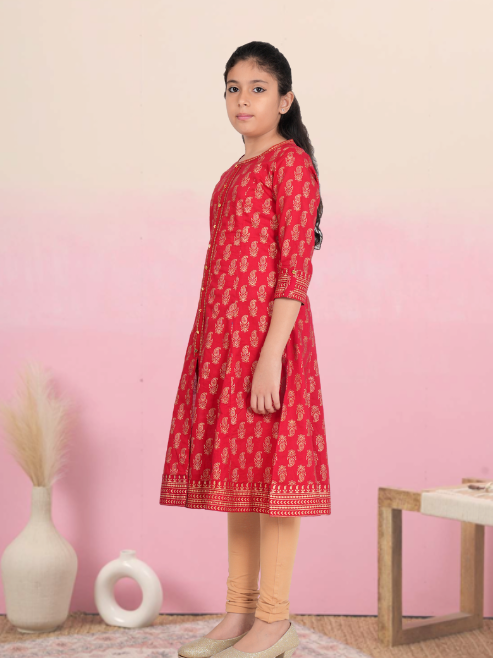 Fashion Plus Store Kids Cotton Gold Print Anarkali Dress (RED)