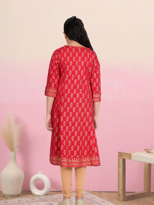 Fashion Plus Store Kids Cotton Gold Print Anarkali Dress (RED)