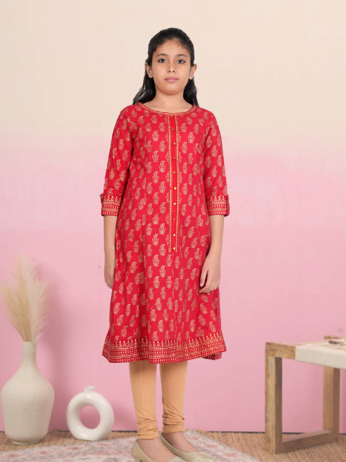Fashion Plus Store Kids Cotton Gold Print Anarkali Dress (RED)