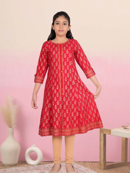 Fashion Plus Store Kids Cotton Gold Print Anarkali Dress (RED)