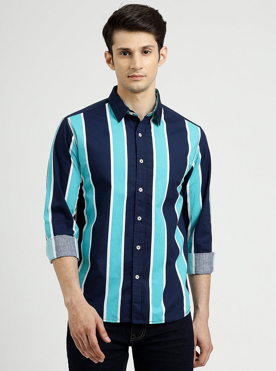 Blue Striped Slim Fit Casual Shirt | pehervi