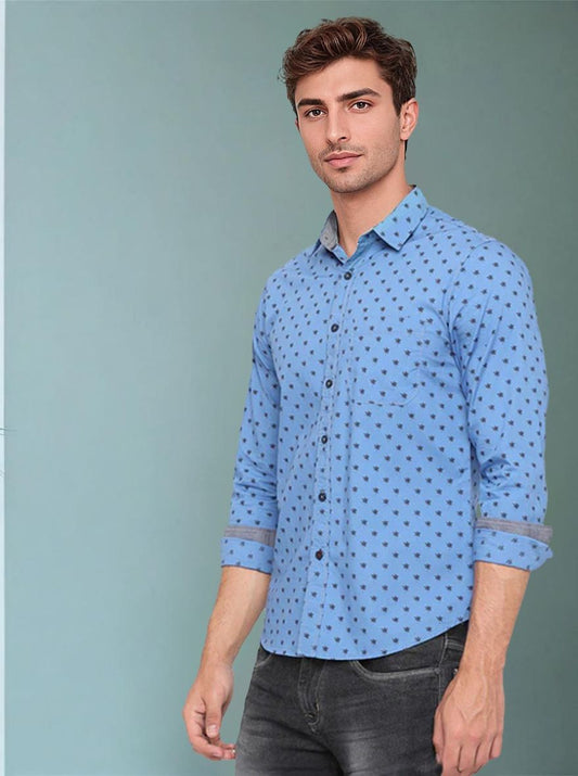 Campanula Blue Printed Slim Fit Semi Casual Shirt | Pehervi