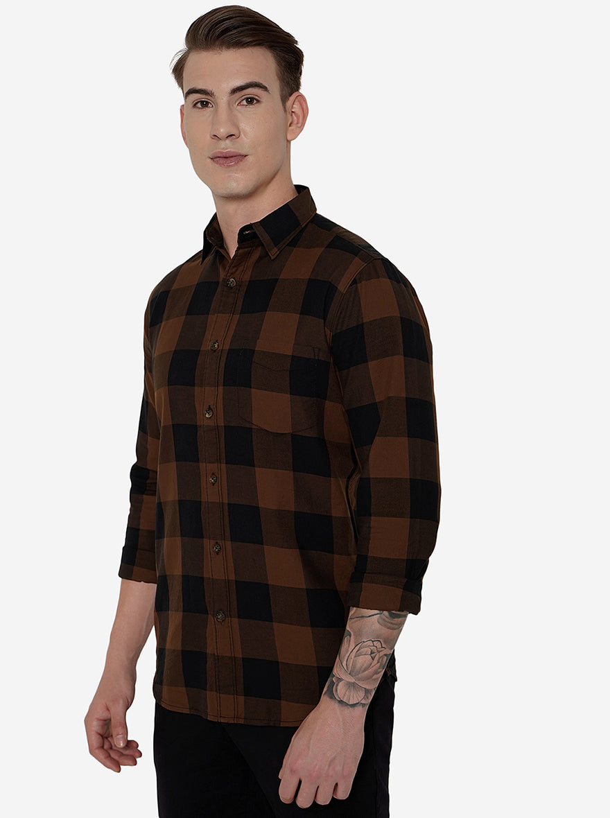 Brown & Navy Blue Checked Slim Fit Semi Casual Shirt | Pehervi
