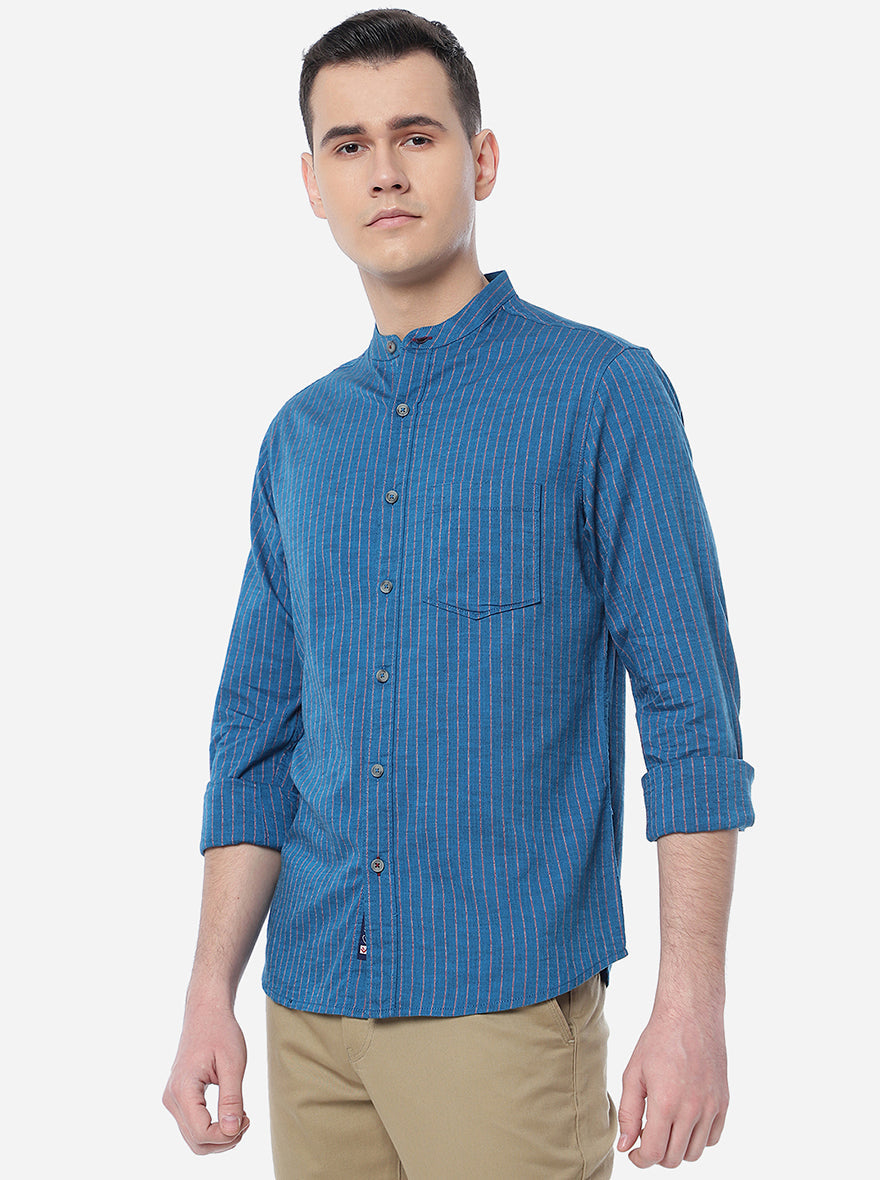 Blue Striped Slim Fit Semi Casual Shirt | Pehervi