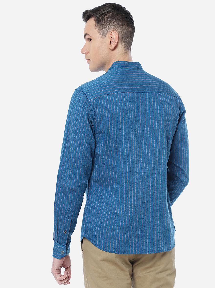 Blue Striped Slim Fit Semi Casual Shirt | Pehervi