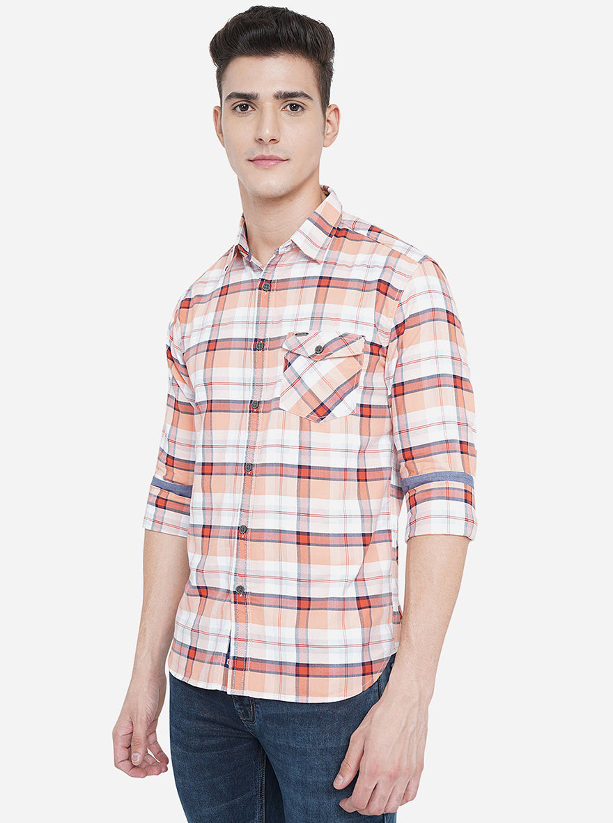 Salmon Peach Checked Slim Fit Semi Casual Shirt | Pehervi