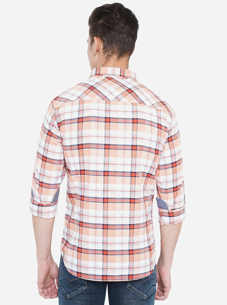 Salmon Peach Checked Slim Fit Semi Casual Shirt | Pehervi