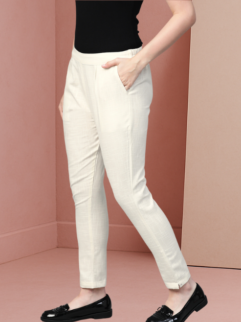 Cotton Slub Solid Regular Fit Casual Trouser Pants (OFF-WHITE)