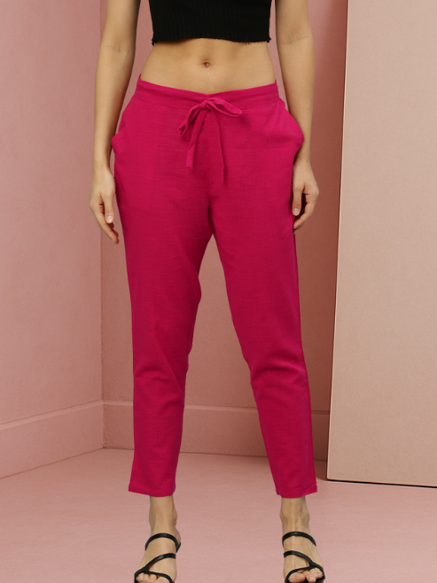 Solid Cotton Slub Straight Trouser Pant