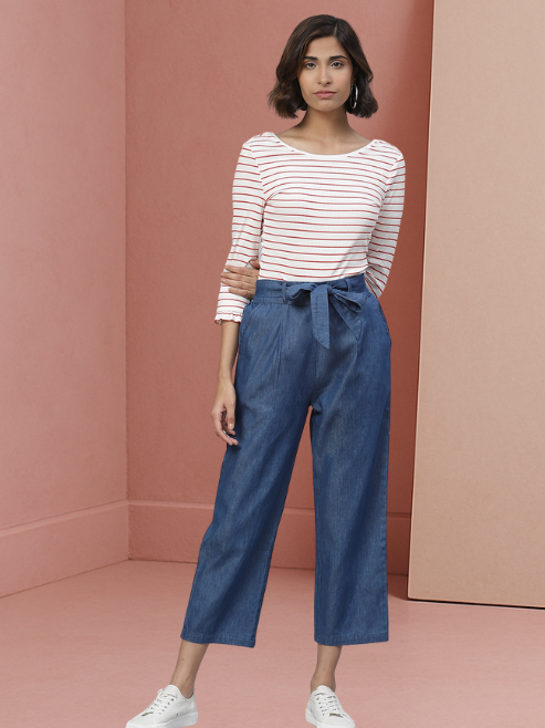 Denim Mid-Rise Culottes with Waist Tie-Up
