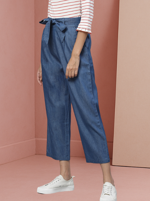 Denim Mid-Rise Culottes with Waist Tie-Up