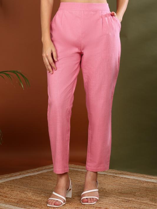 Cotton Slub Regular Fit Casual Trouser Pants with Pocket (Pink)