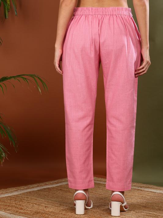 Cotton Slub Regular Fit Casual Trouser Pants with Pocket (Pink)