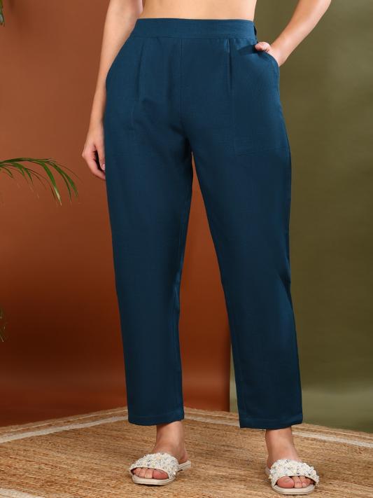 Cotton Slub Regular Fit Casual Trouser Pants with Pocket (Teal)