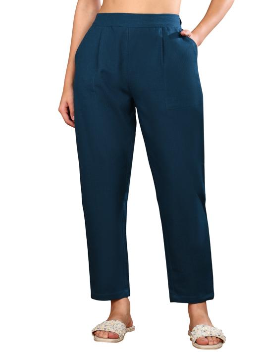 Cotton Slub Regular Fit Casual Trouser Pants with Pocket (Teal)