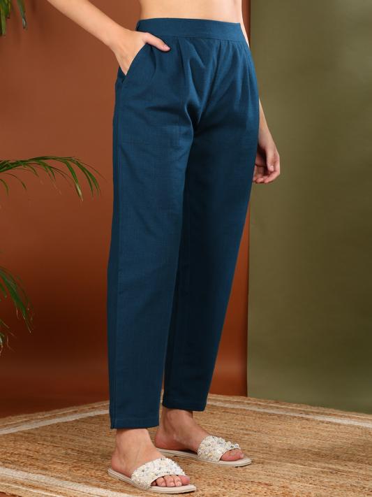 Cotton Slub Regular Fit Casual Trouser Pants with Pocket (Teal)