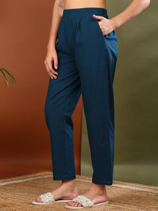Cotton Slub Regular Fit Casual Trouser Pants with Pocket (Teal)