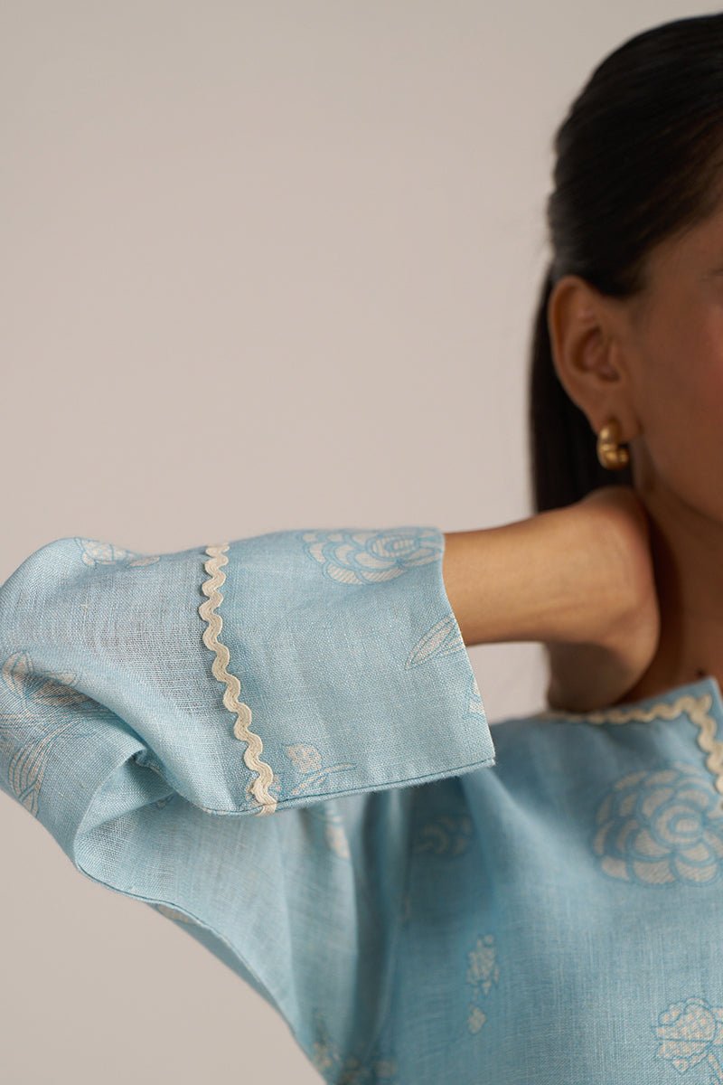 Canal Blue Linen Hand-Printed Kurta