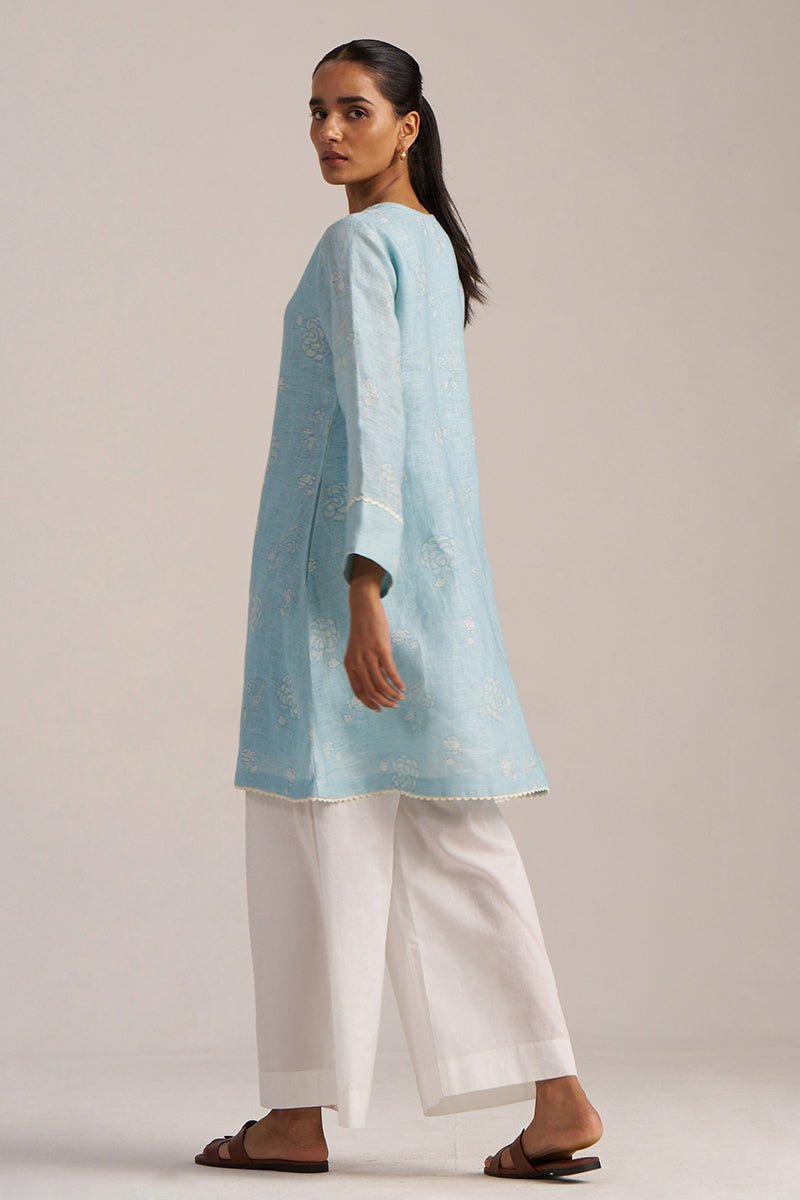 Canal Blue Linen Hand-Printed Kurta
